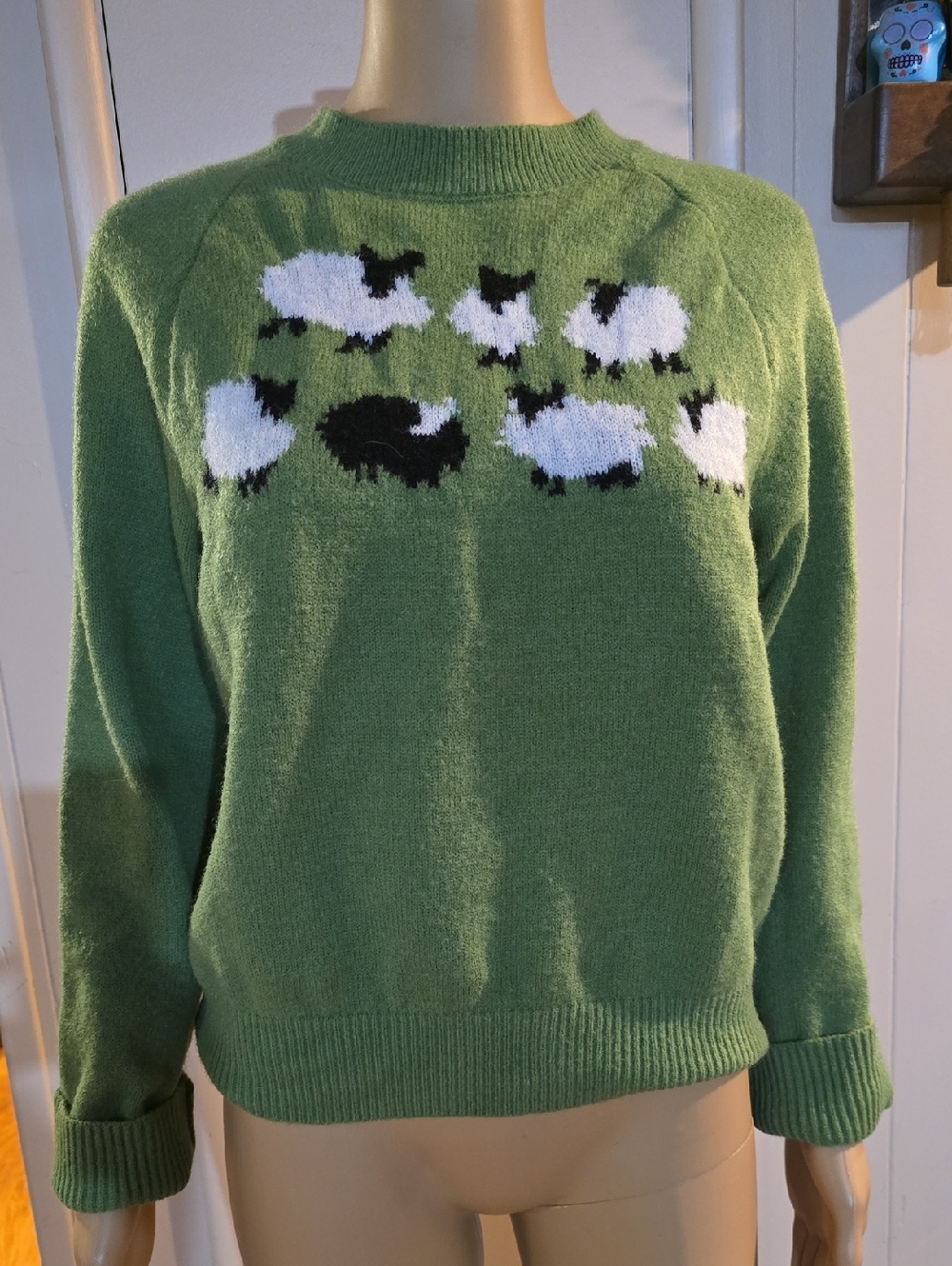 Green Crewneck Sweater with Sheep Motif
